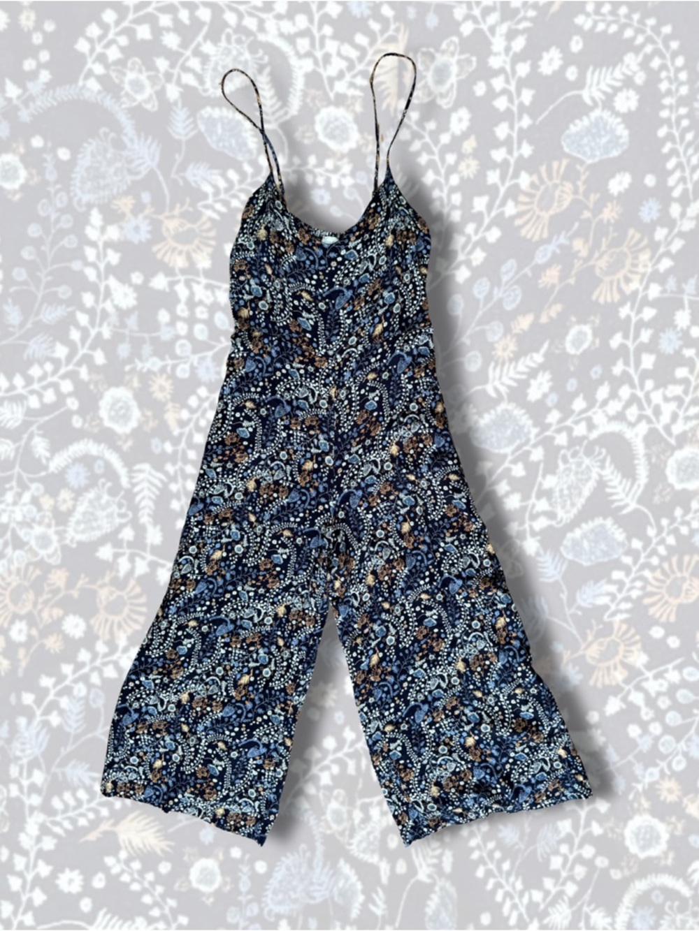 Navy Printed Spaghetti-Strap Jumpsuit